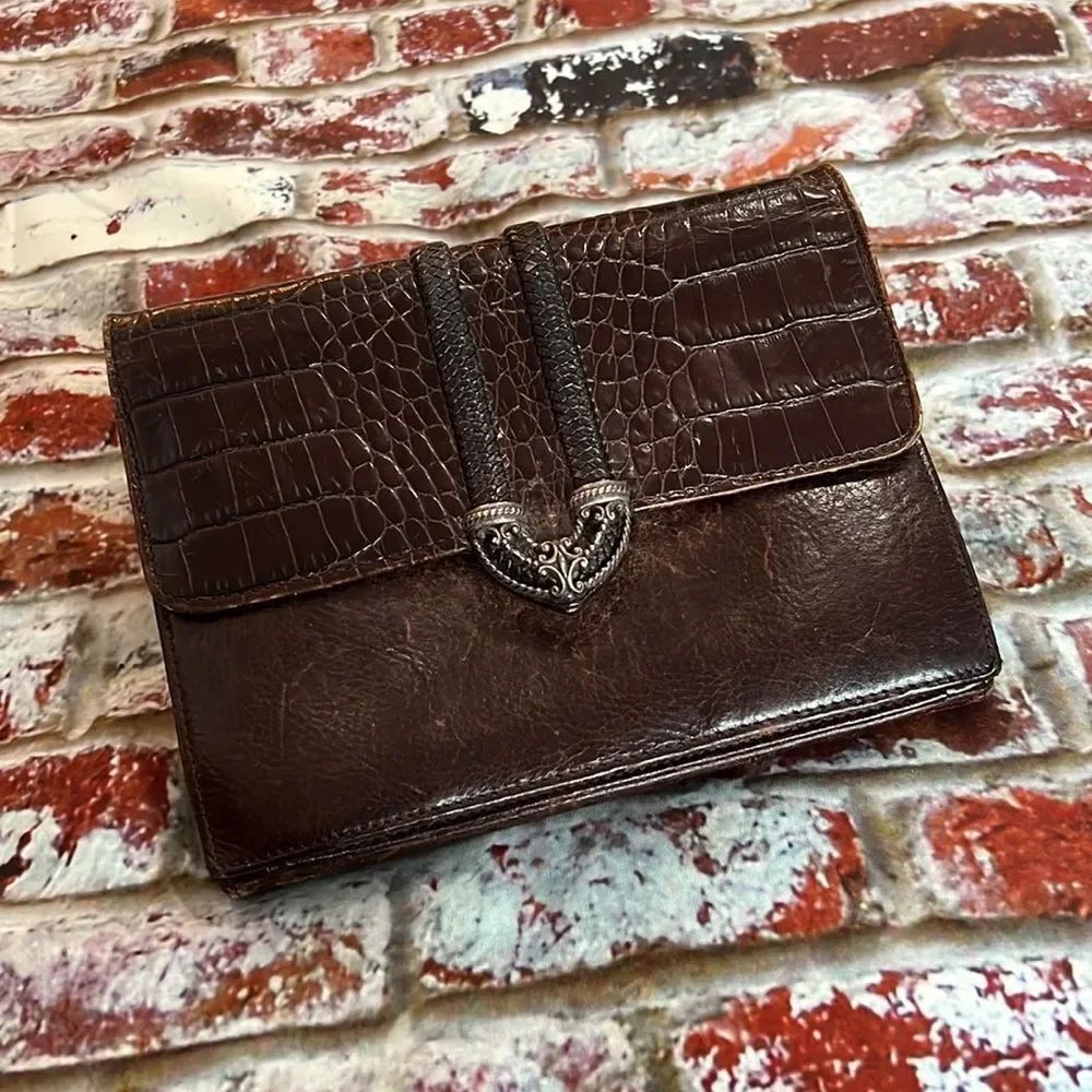 *Brighton, brown leather crocodile clutch with silver detail